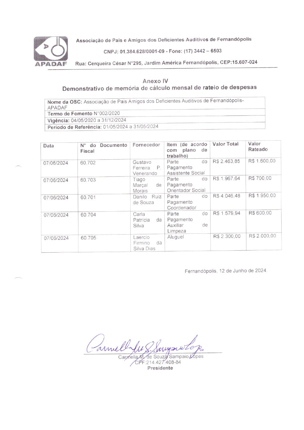 Página 4 de Prestação de Contas Mensal — Habilitação e Reabilitação — 5ª Parcela — Junho/2024