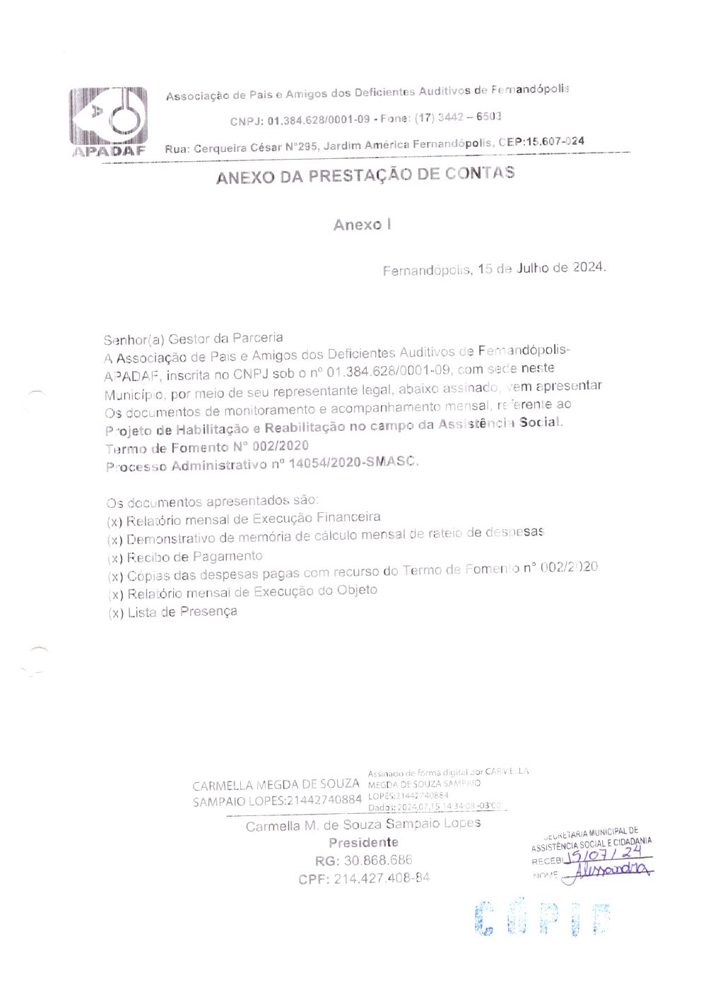 Página 1 de Prestação de Contas Mensal — Habilitação e Reabilitação — 6ª Parcela — Julho/2024