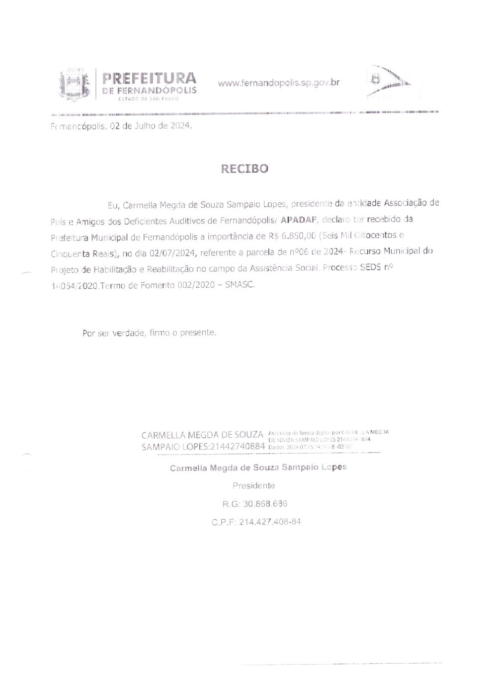 Página 10 de Prestação de Contas Mensal — Habilitação e Reabilitação — 6ª Parcela — Julho/2024