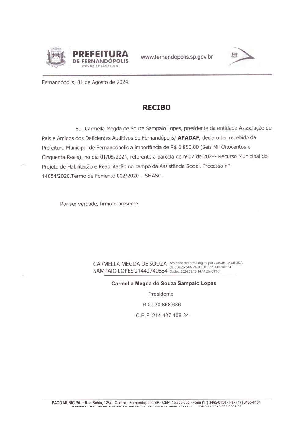 Página 5 de Prestação de Contas Mensal — Habilitação e Reabilitação — 7ª Parcela — Agosto/2024