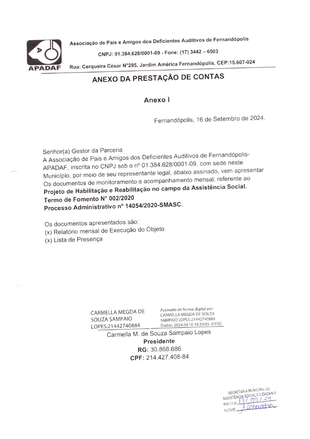Página 1 de Prestação de Contas Mensal — Habilitação e Reabilitação — 8ª Parcela — Setembro/2024