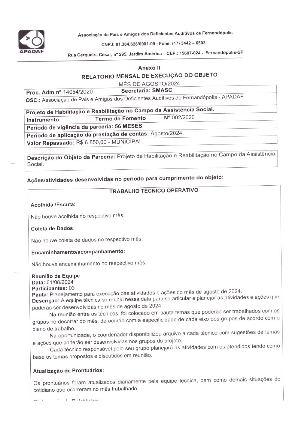 Página 2 de Prestação de Contas Mensal — Habilitação e Reabilitação — 8ª Parcela — Setembro/2024