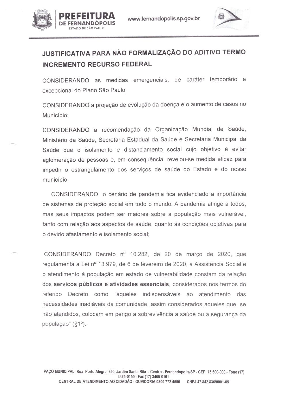 Página 1 de Justificativa para Não Formalização do Aditivo — Incremento de Recurso Federal (COVID-19) — 2020
