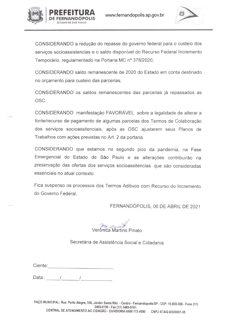 Página 2 de Justificativa para Não Formalização do Aditivo — Incremento de Recurso Federal (COVID-19) — 2020