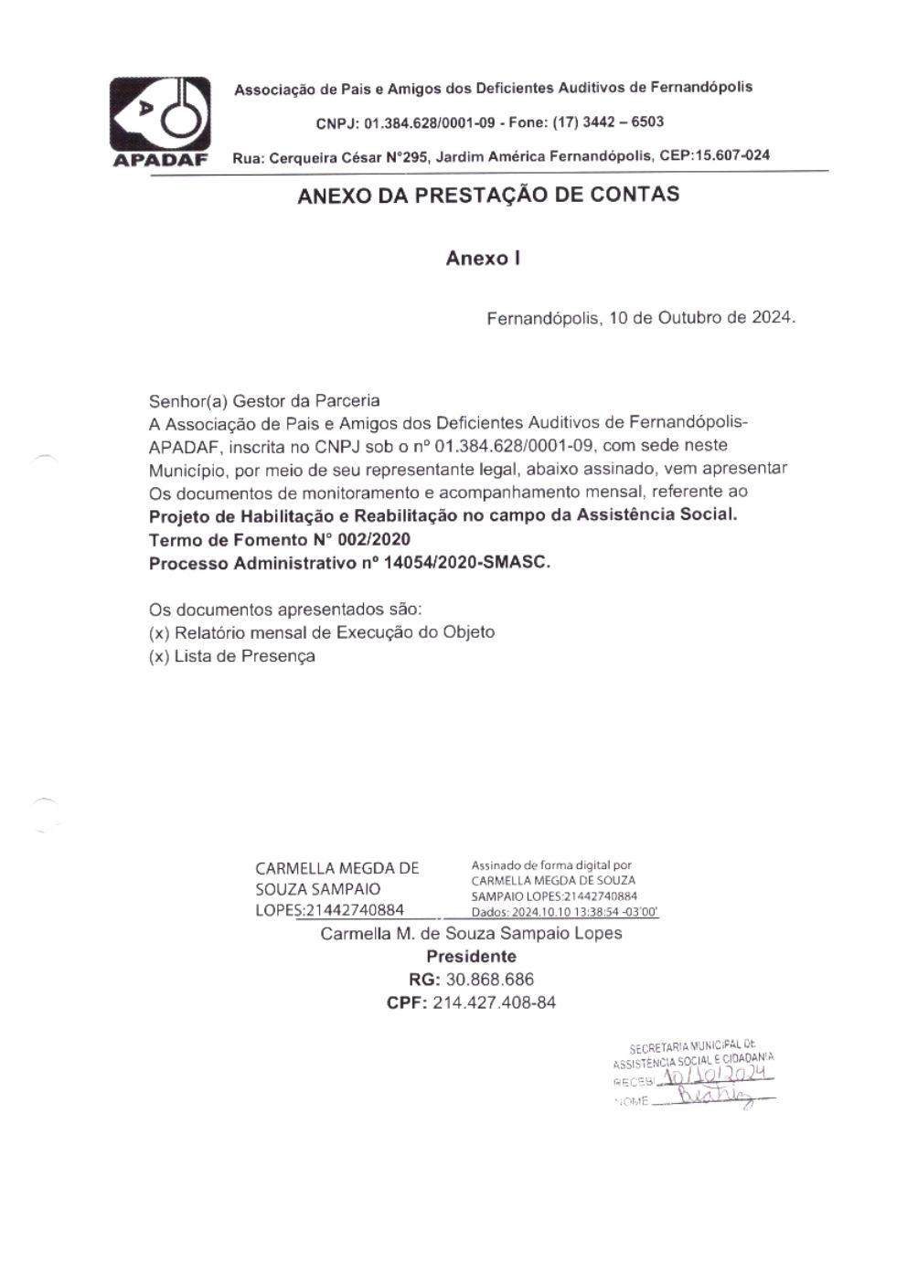Página 1 de Prestação de Contas Mensal — Habilitação e Reabilitação — 9ª Parcela — Outubro/2024