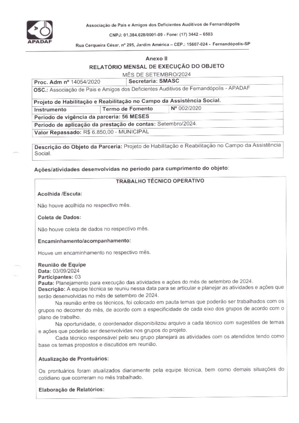 Página 2 de Prestação de Contas Mensal — Habilitação e Reabilitação — 9ª Parcela — Outubro/2024