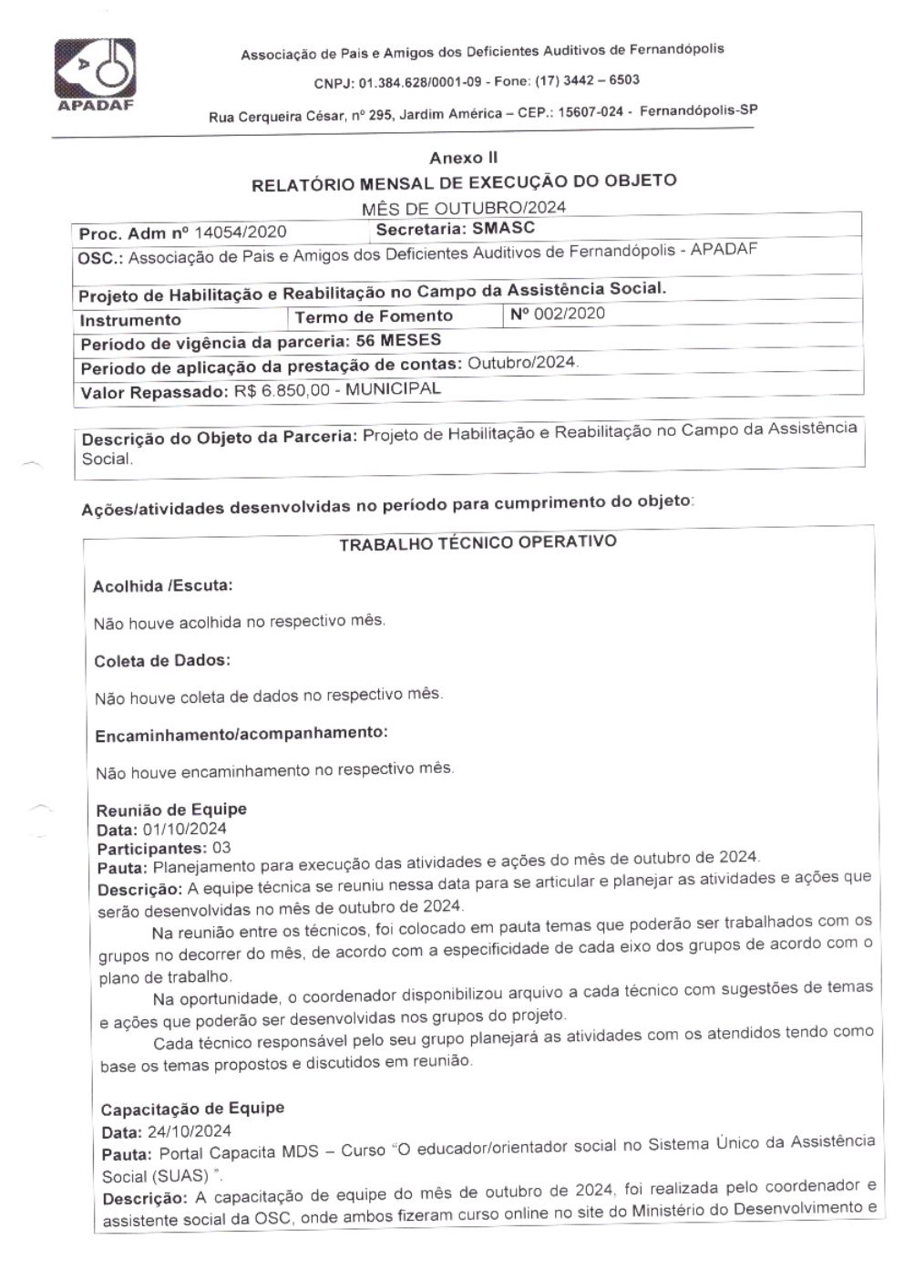 Página 2 de Prestação de Contas Mensal — Habilitação e Reabilitação — 10ª Parcela — Novembro/2024
