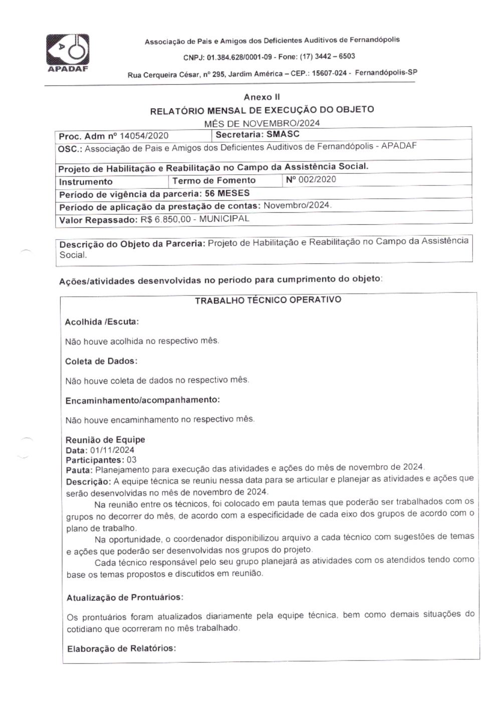 Página 1 de Prestação de Contas Mensal — Habilitação e Reabilitação — 11ª Parcela — Novembro/2024