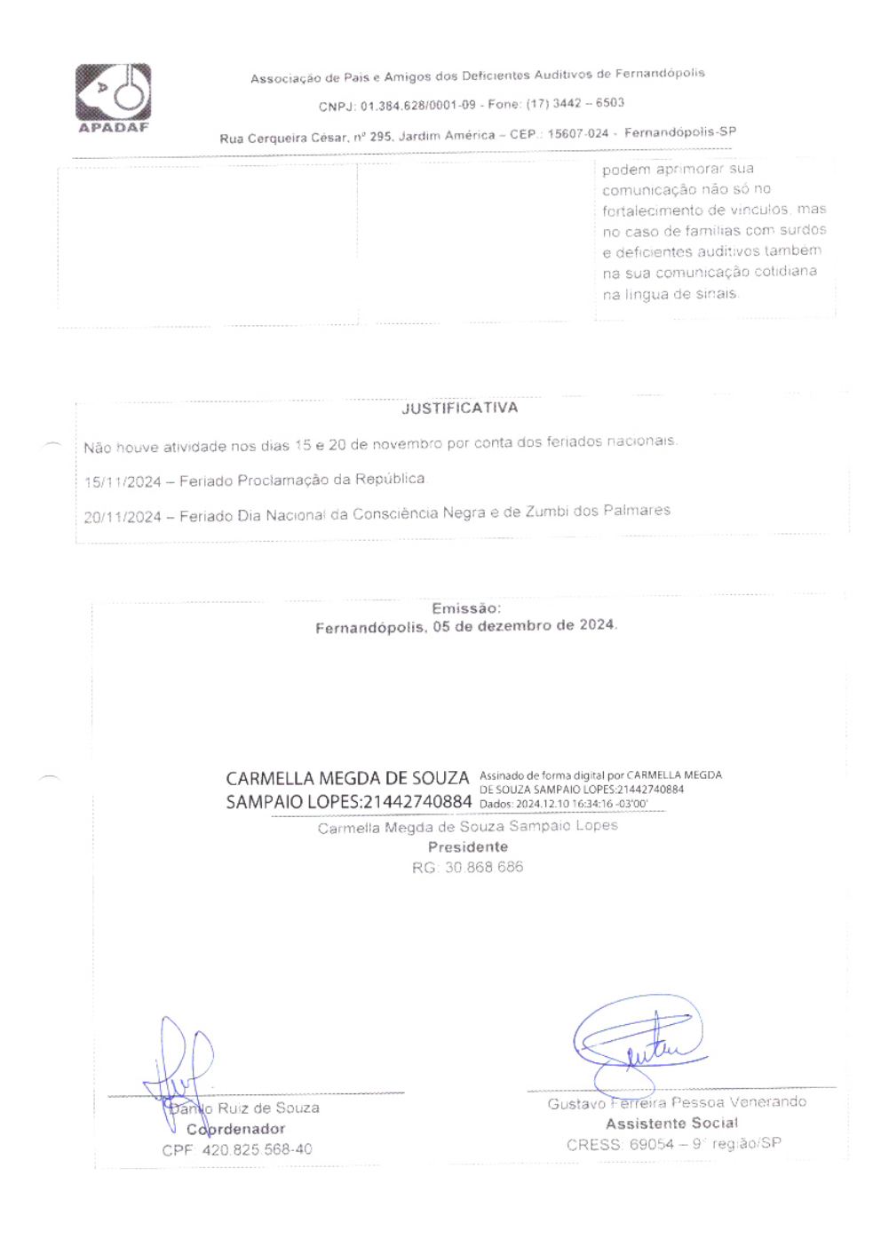 Página 21 de Prestação de Contas Mensal — Habilitação e Reabilitação — 11ª Parcela — Novembro/2024