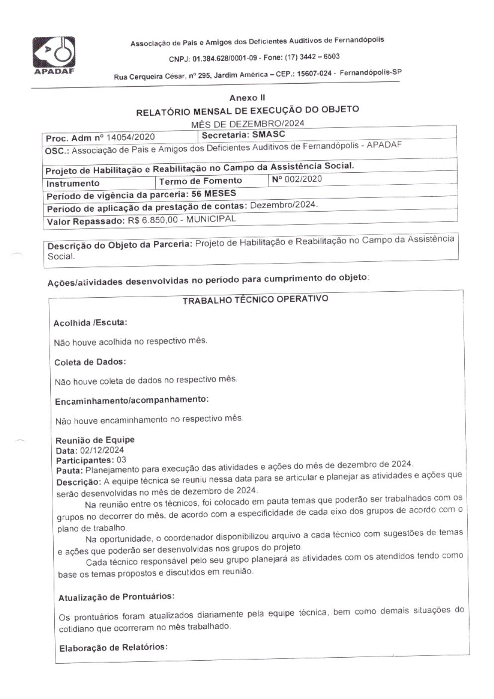 Página 1 de Prestação de Contas Mensal — Habilitação e Reabilitação — 12ª Parcela — Dezembro/2024