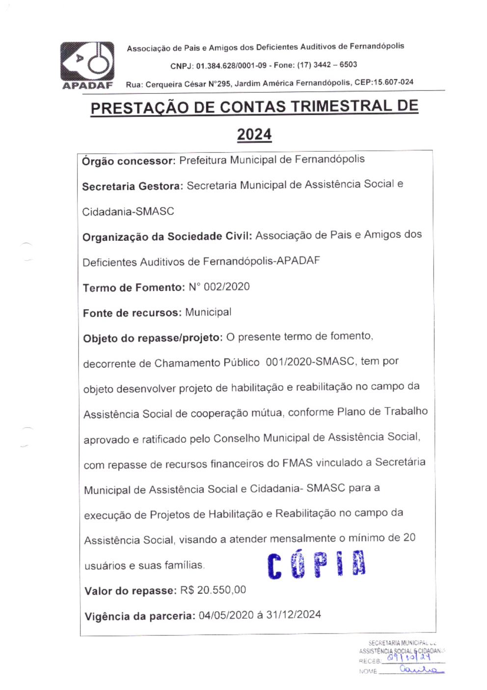 Página 1 de Prestação de Contas Trimestral — 3º Trimestre de 2024 (Julho a Setembro)