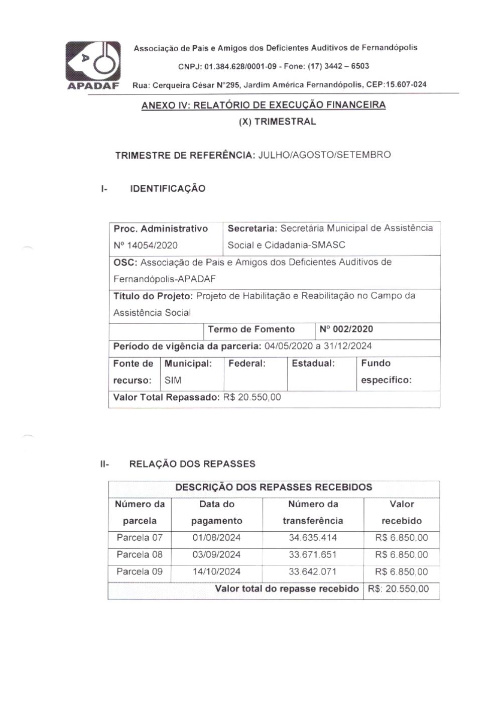 Página 3 de Prestação de Contas Trimestral — 3º Trimestre de 2024 (Julho a Setembro)