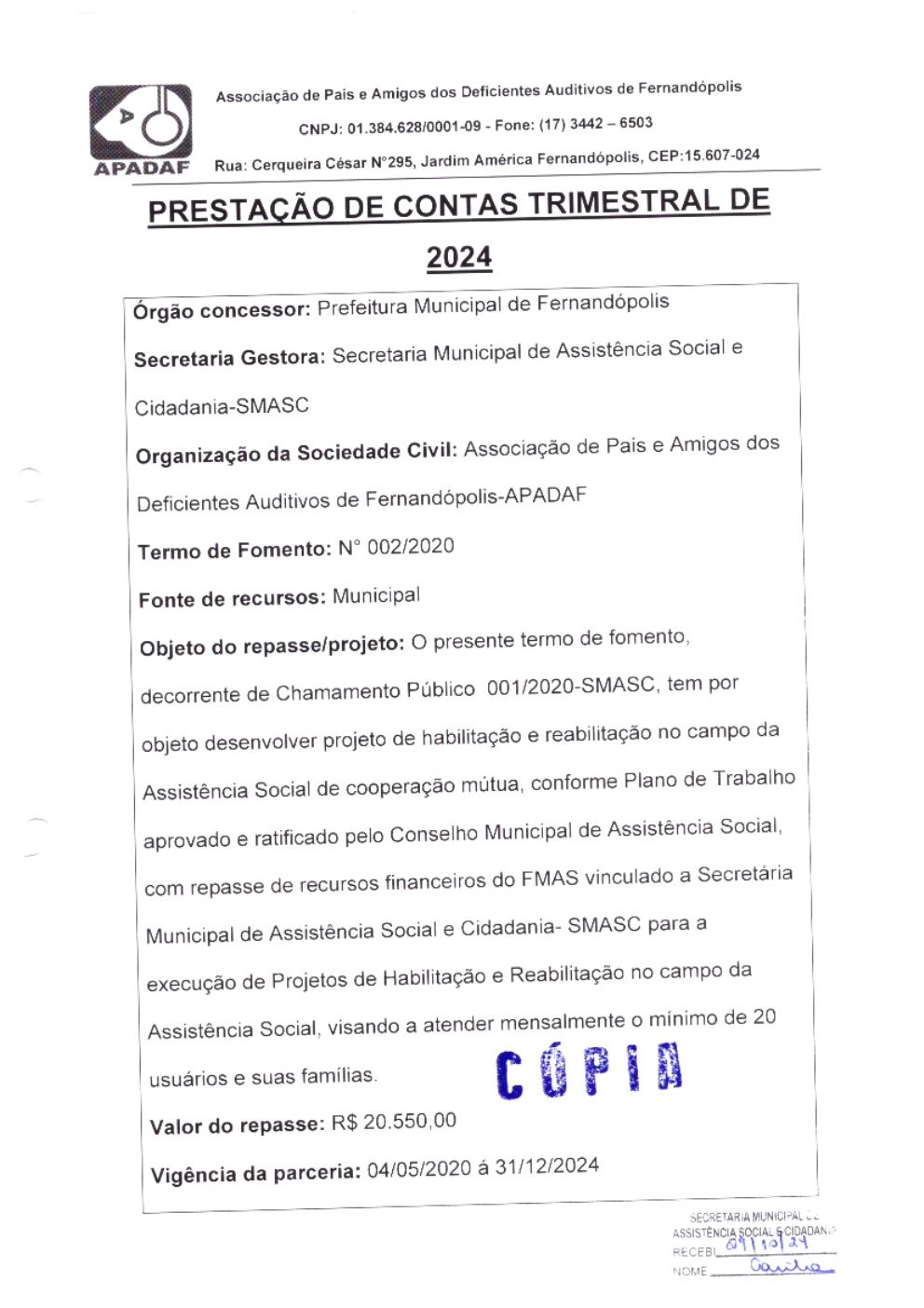 Página 1 de Prestação de Contas Trimestral — 4º Trimestre de 2024 (Outubro a Dezembro)