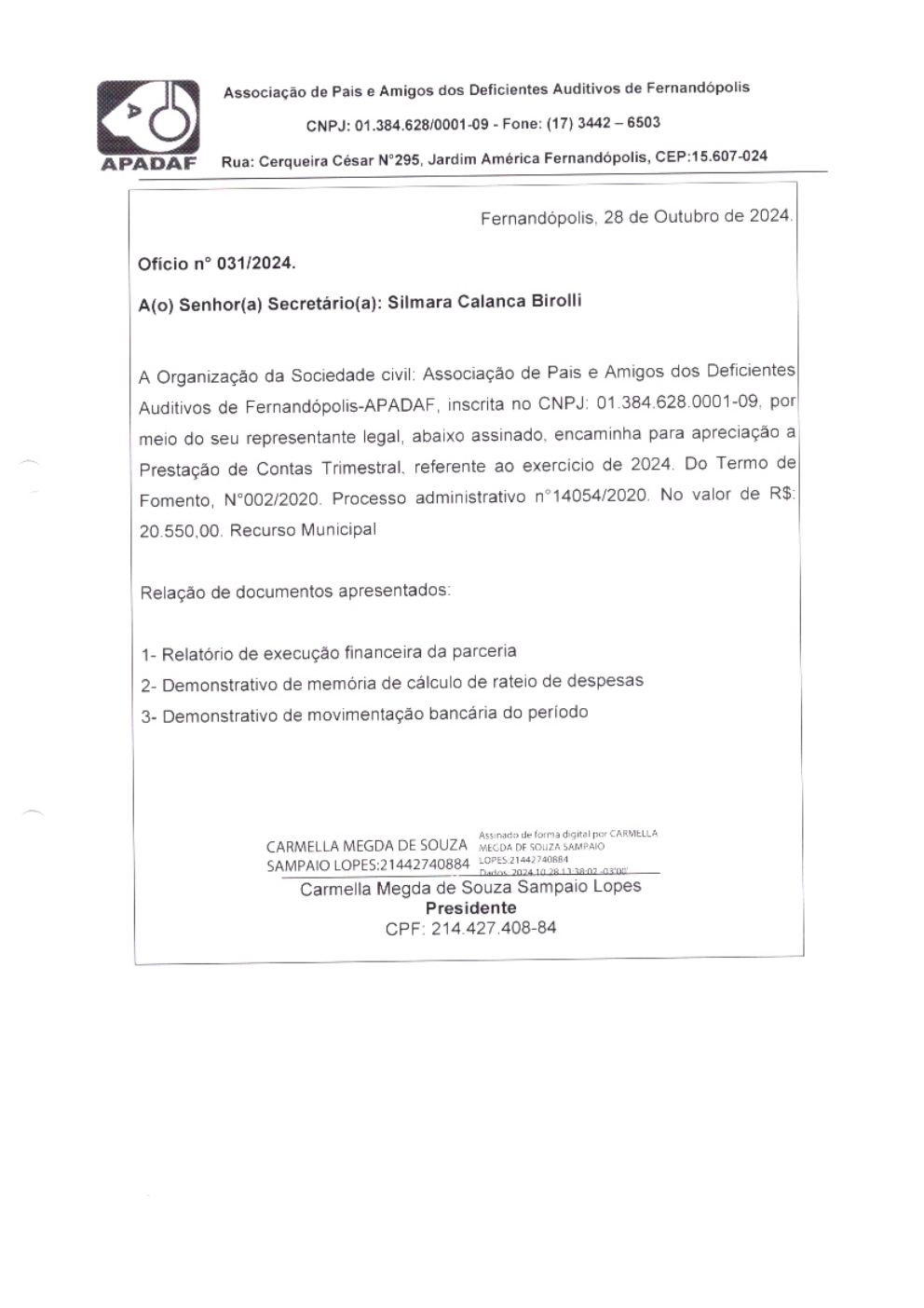 Página 2 de Prestação de Contas Trimestral — 4º Trimestre de 2024 (Outubro a Dezembro)