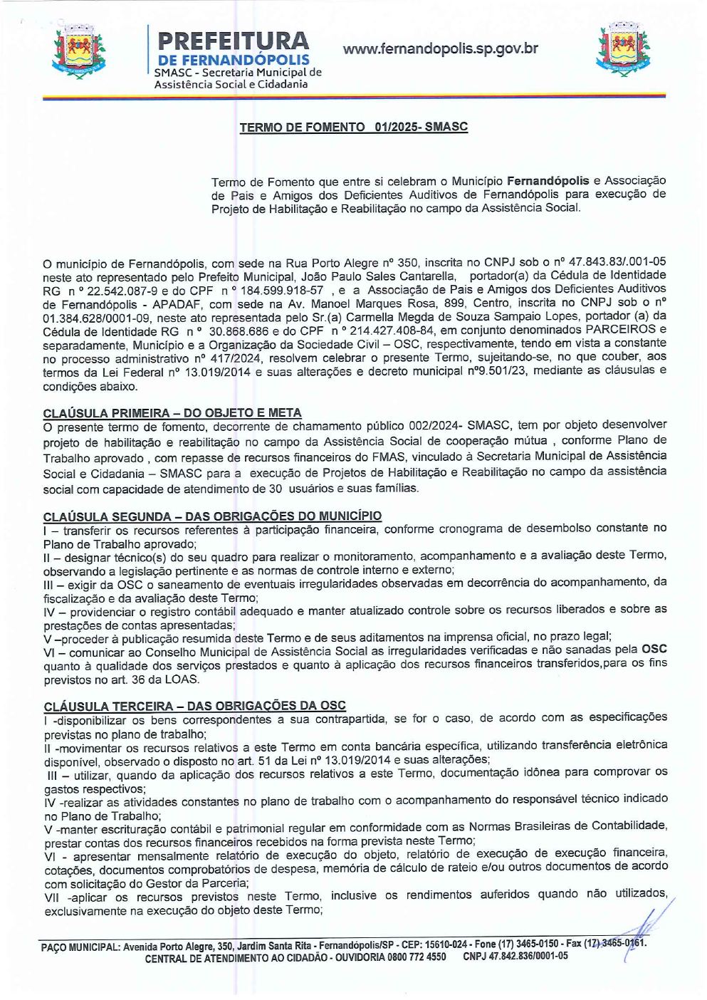 Página 1 de Termo de Fomento nº 01/2025-SMASC — Habilitação e Reabilitação — 2025