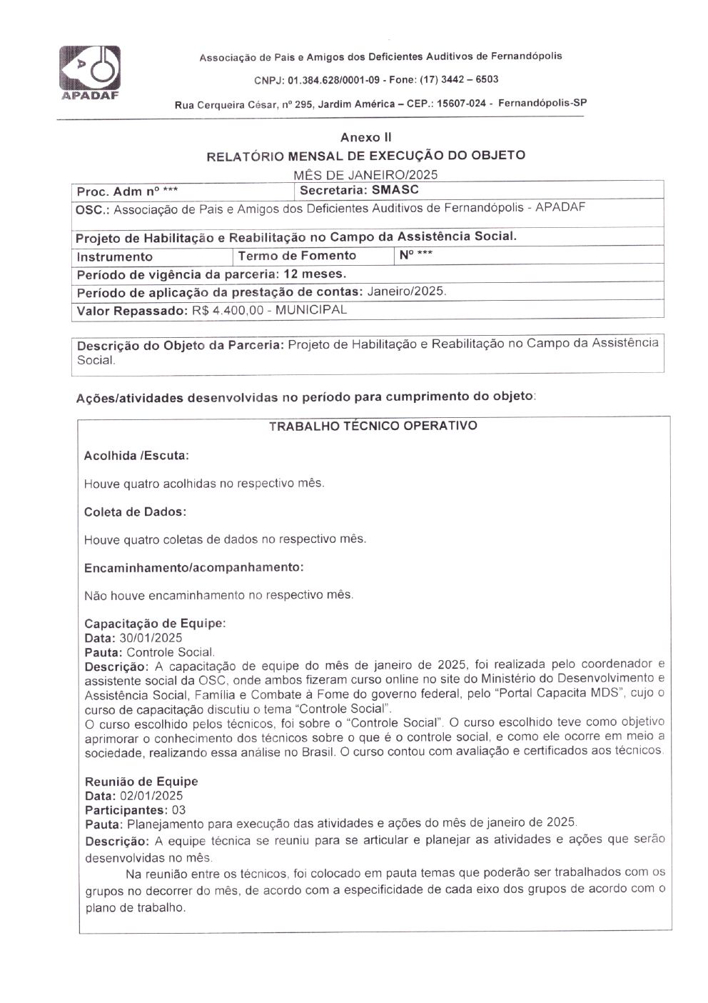 Página 2 de Prestação de Contas Mensal — Habilitação e Reabilitação — Janeiro/2025
