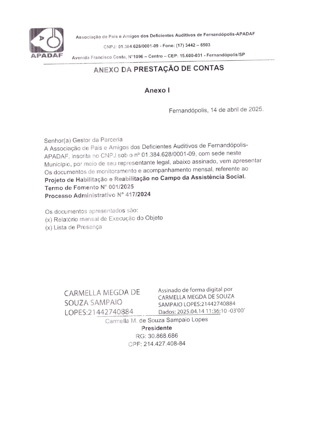 Página 1 de Prestação de Contas Mensal — Habilitação e Reabilitação — Março/2025
