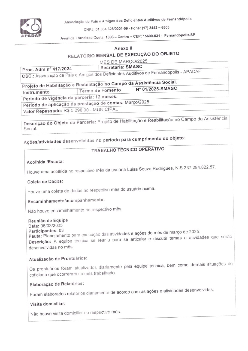 Página 2 de Prestação de Contas Mensal — Habilitação e Reabilitação — Março/2025