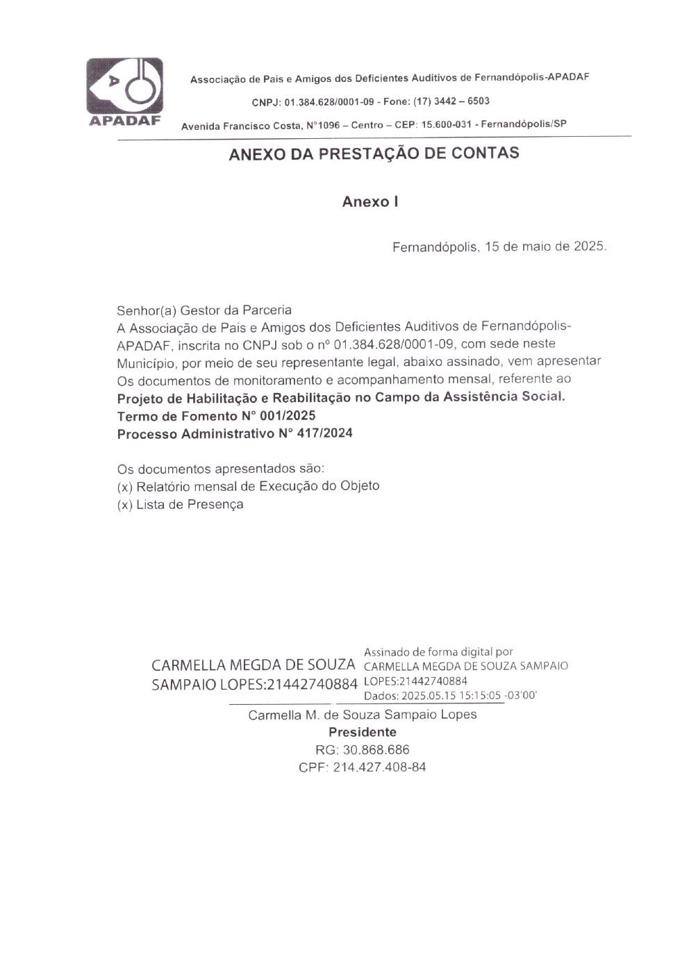 Página 1 de Prestação de Contas Mensal — Habilitação e Reabilitação — Abril/2025