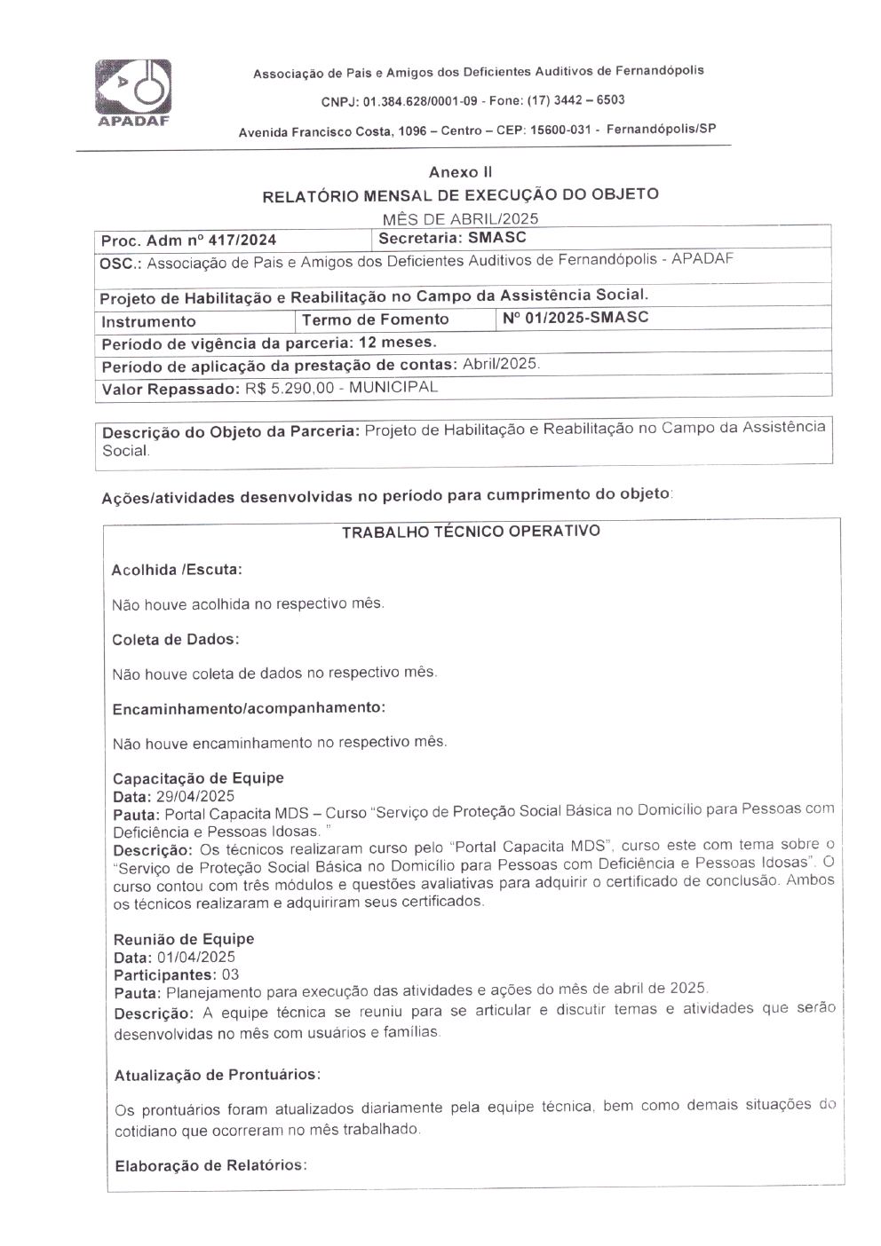 Página 2 de Prestação de Contas Mensal — Habilitação e Reabilitação — Abril/2025