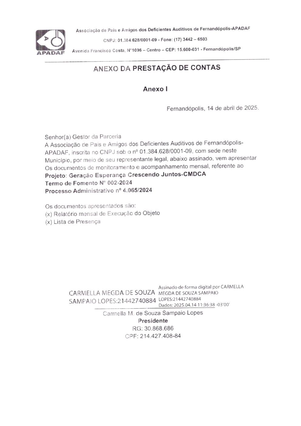Página 1 de Prestação de Contas Mensal — CMDCA — Março/2025
