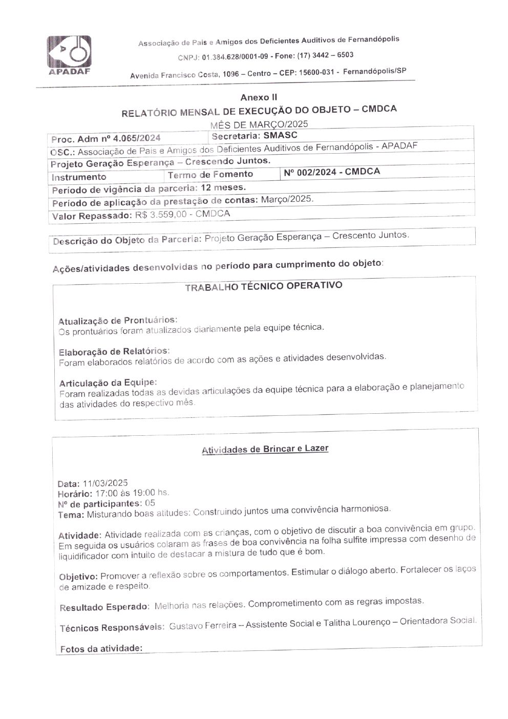 Página 2 de Prestação de Contas Mensal — CMDCA — Março/2025