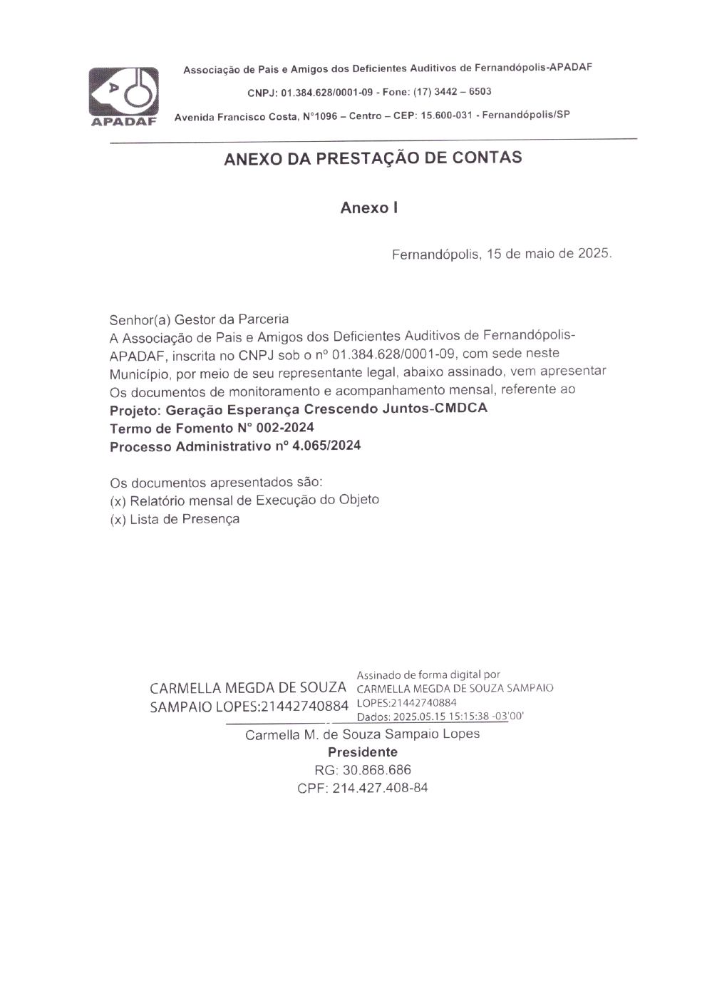 Página 1 de Prestação de Contas Mensal — CMDCA — Abril/2025
