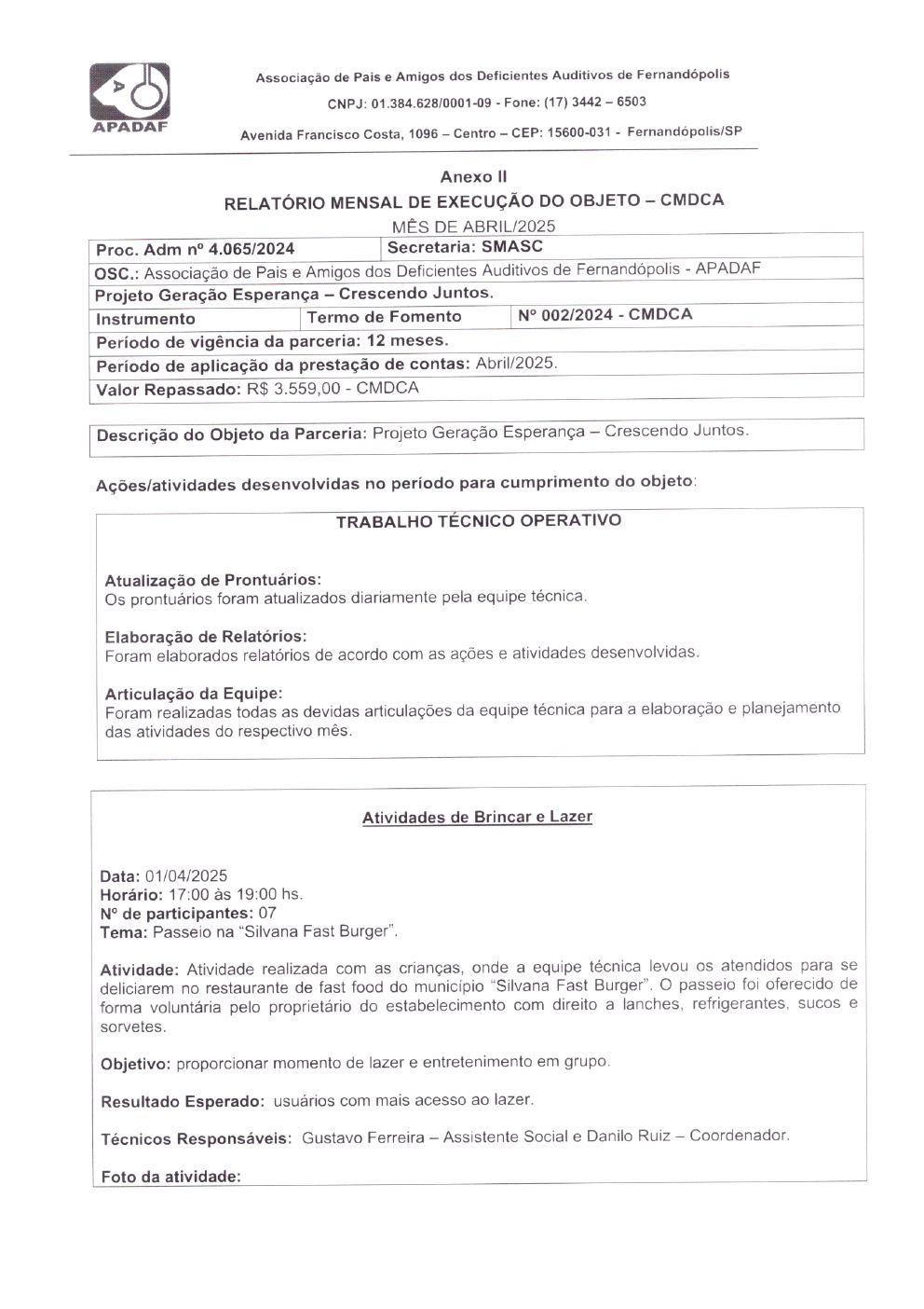 Página 2 de Prestação de Contas Mensal — CMDCA — Abril/2025