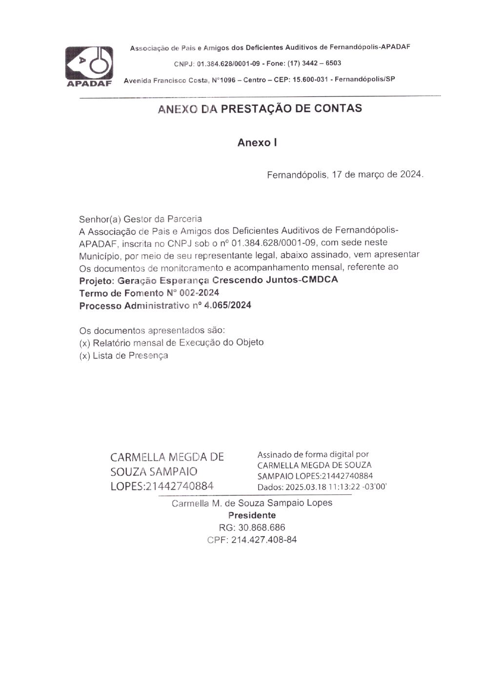Página 1 de Prestação de Contas Mensal — Fevereiro/2025