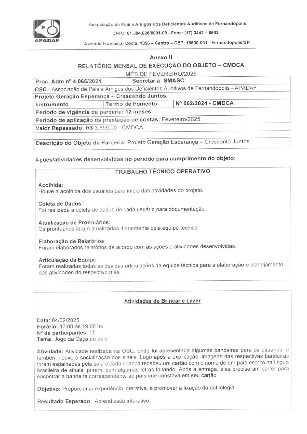 Página 2 de Prestação de Contas Mensal — Fevereiro/2025