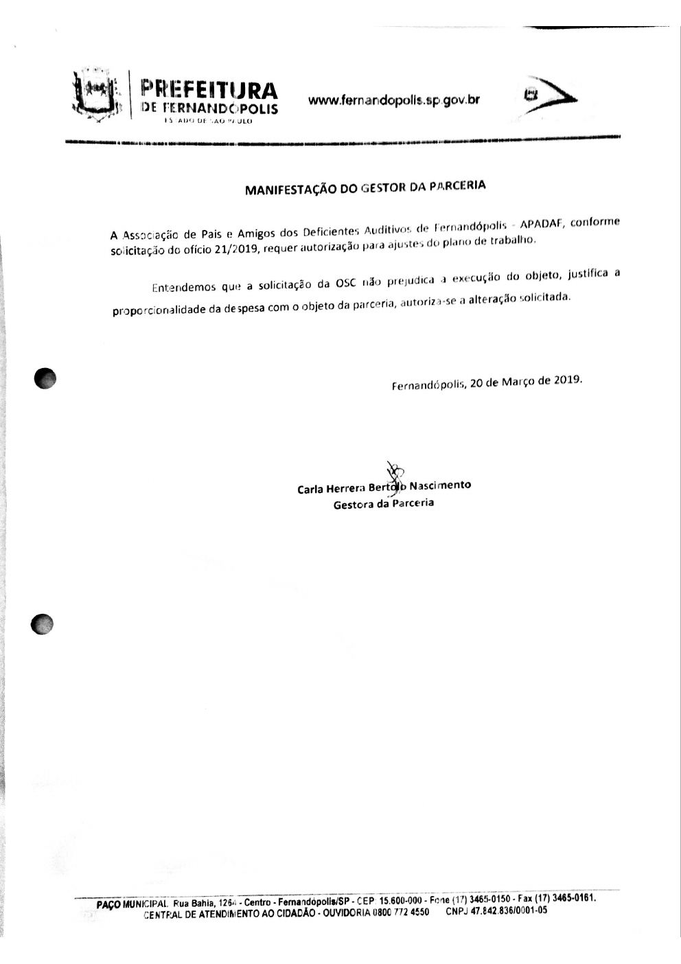 Página 1 de Manifestação do Gestor da Parceria — Ajustes no Plano de Trabalho — 2019