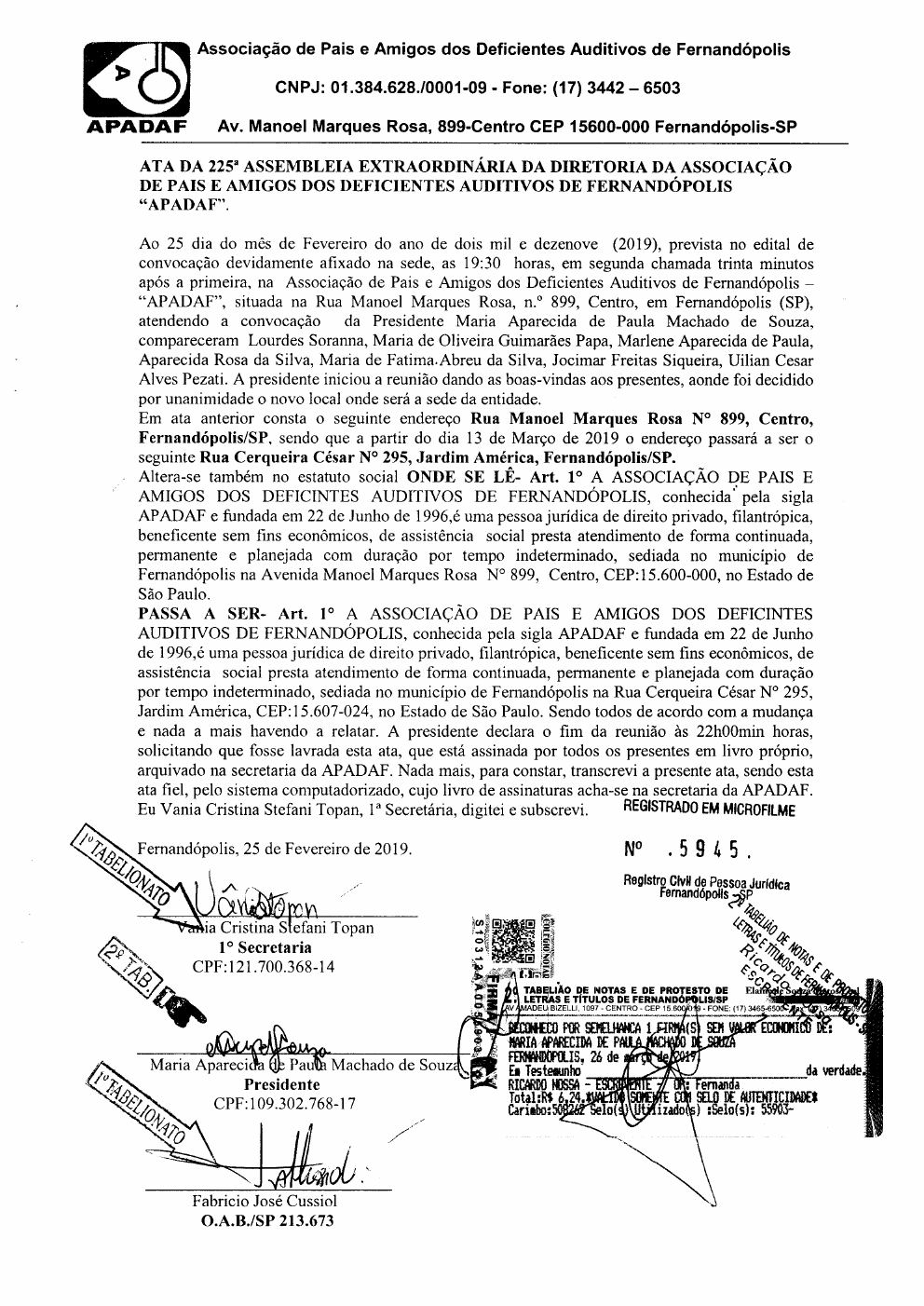 Página 1 de Ata da 225ª Assembleia Geral Extraordinária — Mudança de Sede e Alteração Estatutária — 2019
