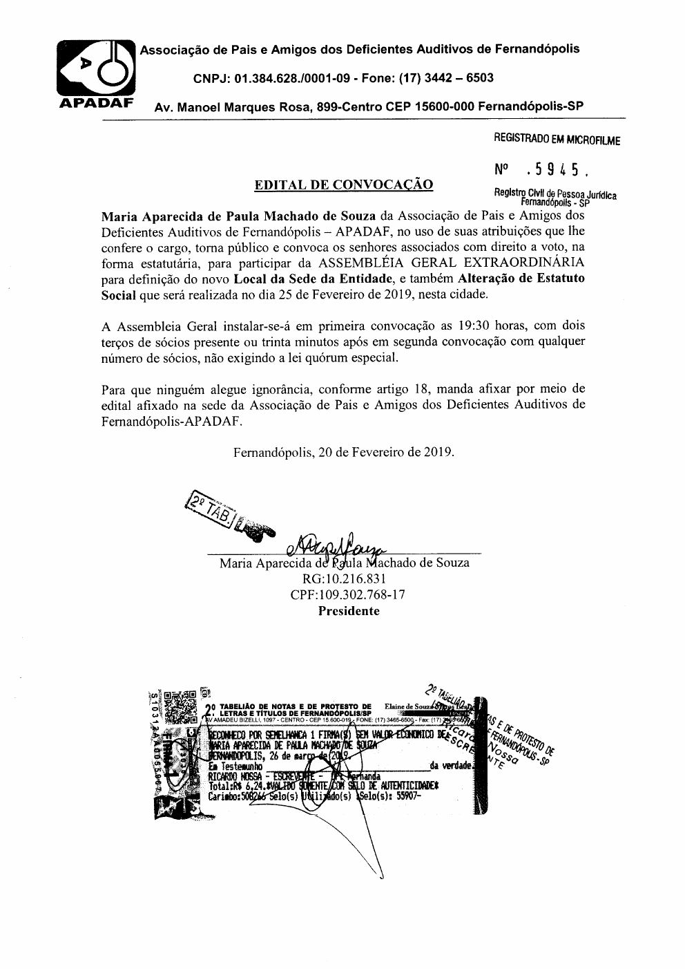Página 3 de Ata da 225ª Assembleia Geral Extraordinária — Mudança de Sede e Alteração Estatutária — 2019