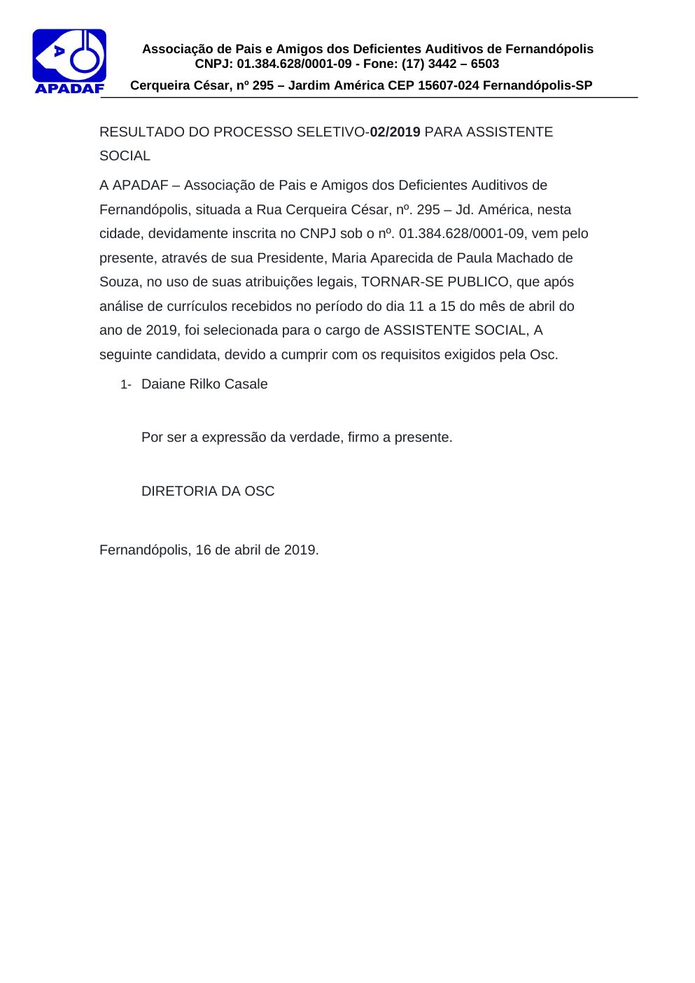 Página 1 de Resultado do Processo Seletivo nº 02/2019 — Assistente Social