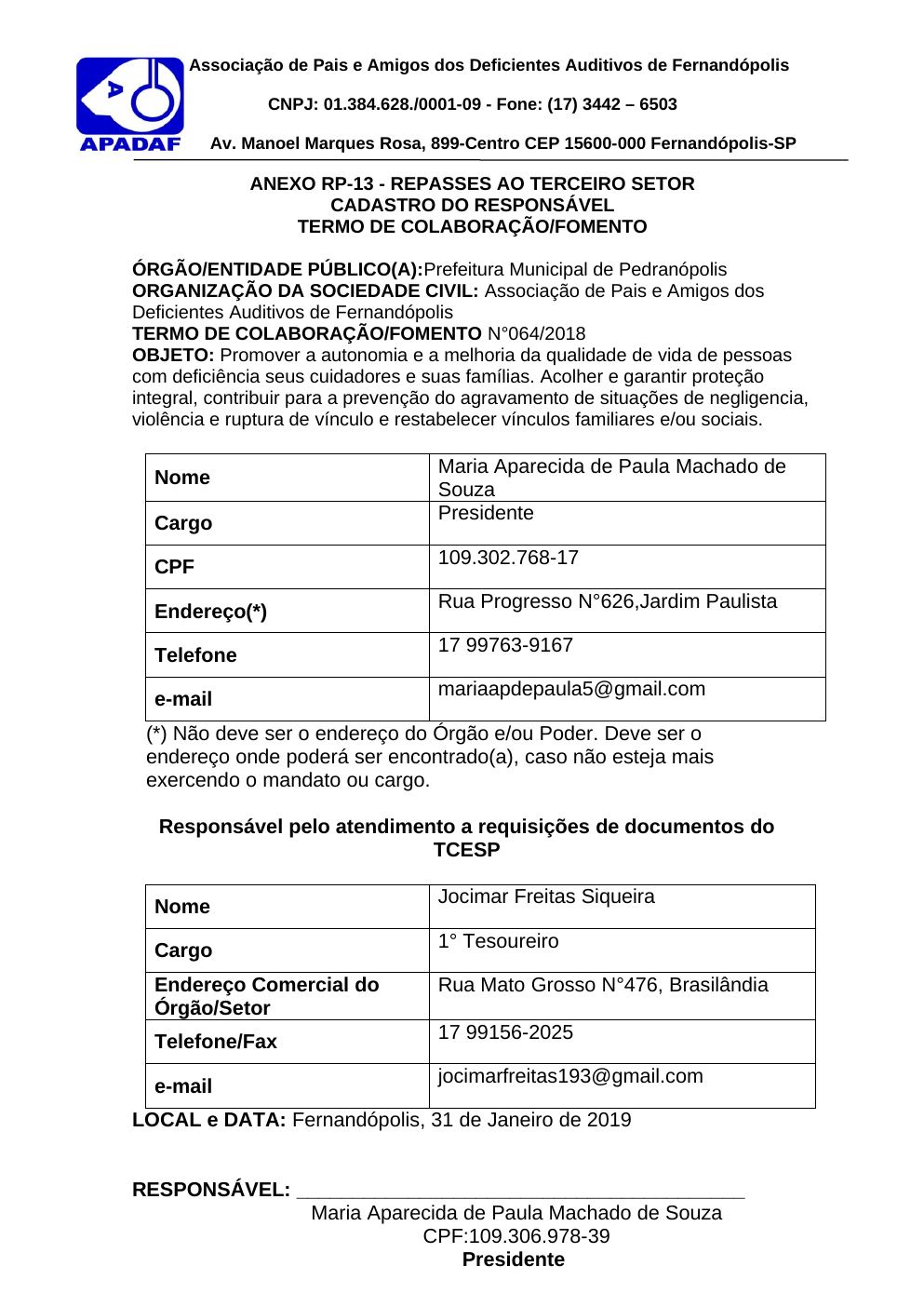 Página 1 de Cadastro do Responsável (Anexo RP-13) — Termo de Fomento nº 064/2018 — Pedranópolis