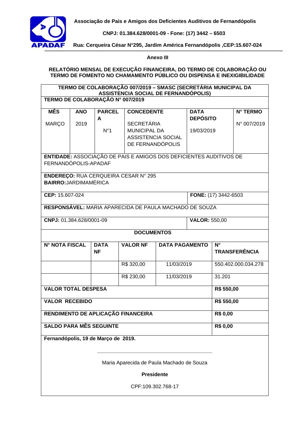Página 1 de Relatório Mensal de Execução Financeira (Anexo III) — Proteção Social Básica — Março/2019